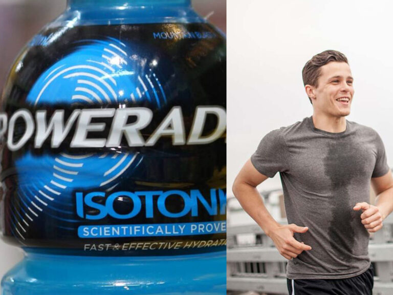 Man exercising with closeup of powerade