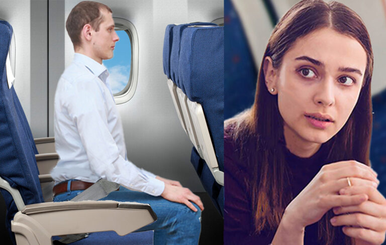 Woman visibly disturbed by man listening to every single flight crew safety instruction.