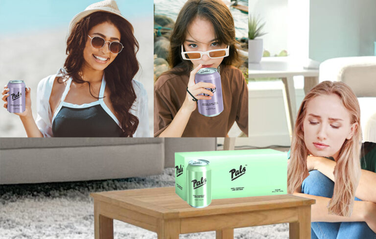 Woman looking disappointed with her green Pals cans because they don't look as good as the purple ones on Instagram.