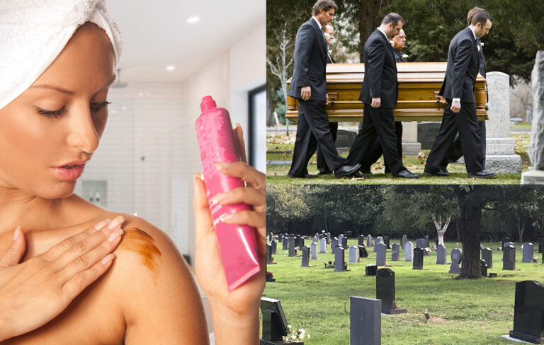 Sophie White applying her fake tan poorly and her scenes from her subsequent funeral.