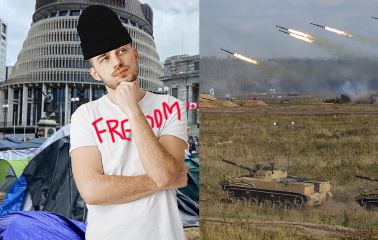 man at protests alongside Russian rocket attack