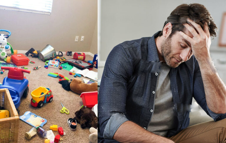 man next to toys all over floor