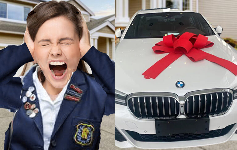school girl screaming next to new car