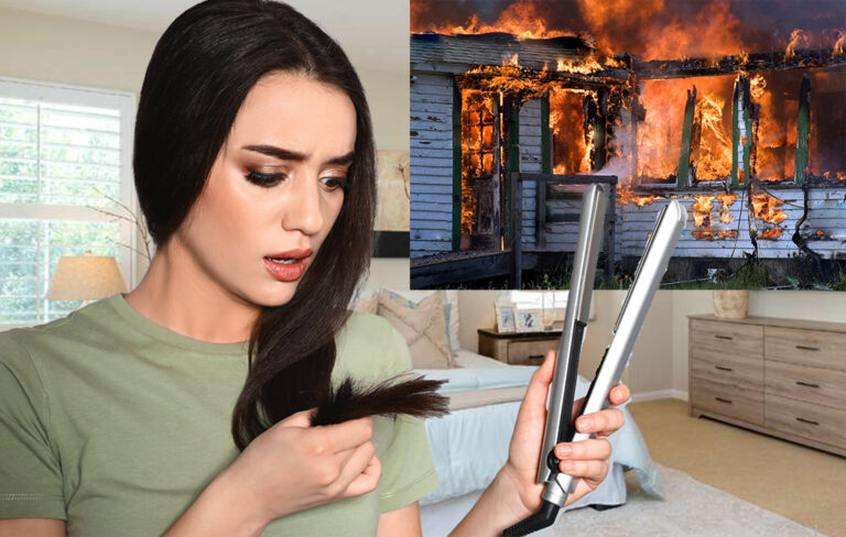 Woman with hair straightener and house burning to the ground
