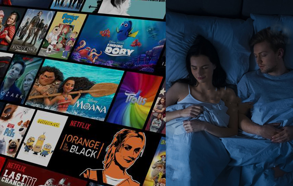 Man and woman in bed next to Netflix menu