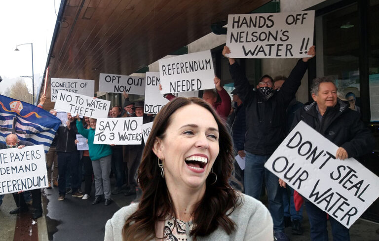 A laughing Ardern superimposed in front of Three Waters protesters