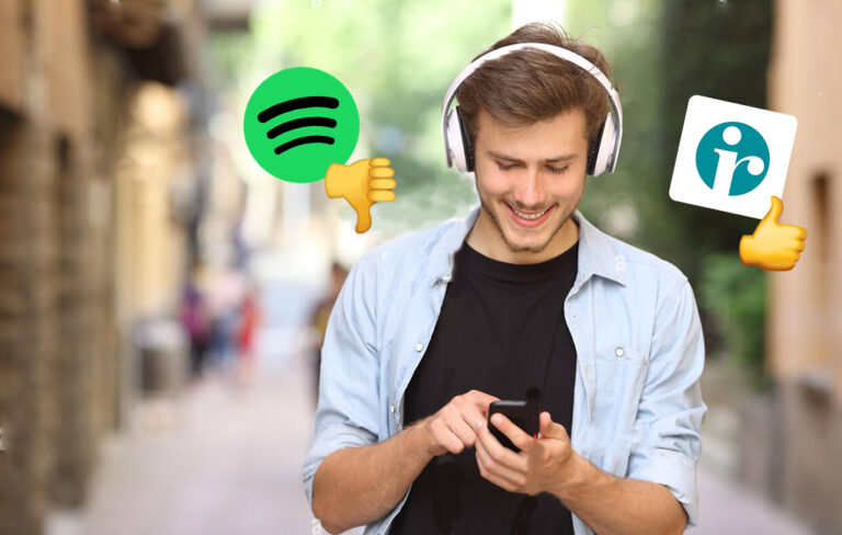 Man listening to headphones with phone with Spotify and IRD logos