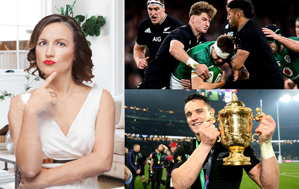 Confused mum alongside current all blacks and Dan Carter holding world cup