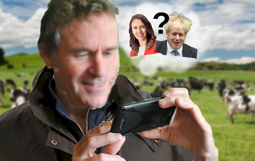 Farmer looking at phone and thinking about Ardern and Boris Johnson