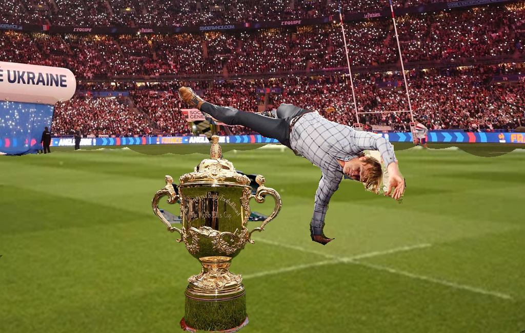Razor Robertson dancing in front of Rugby World Cup