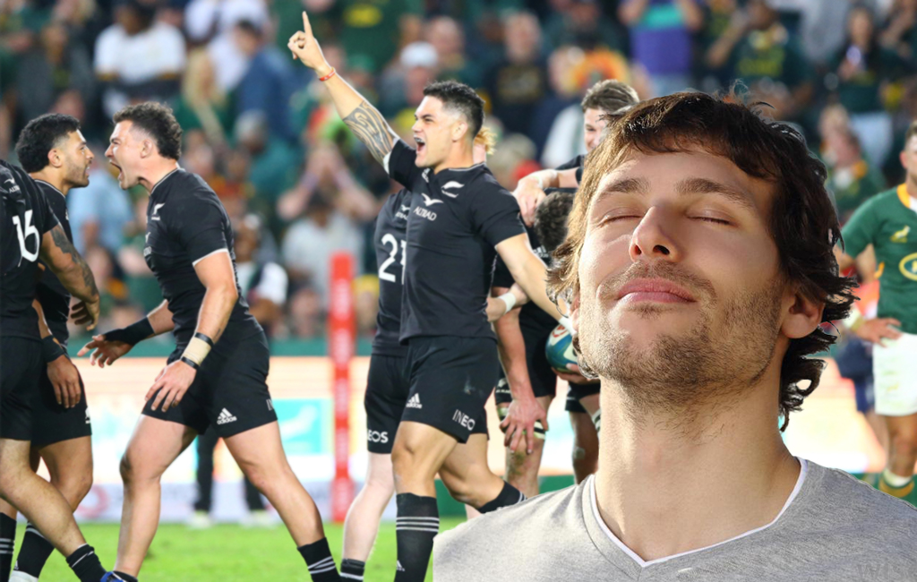calm man with All Blacks winning in the background