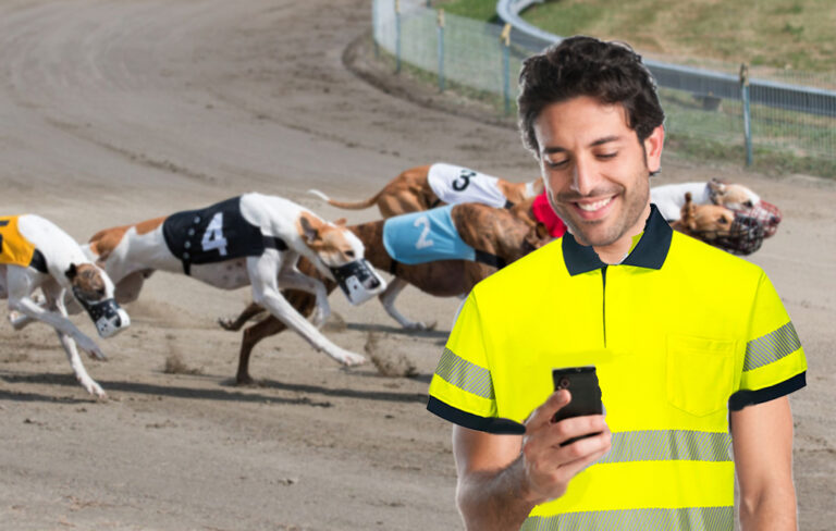Man looking at phone with greyhounds racing in the background