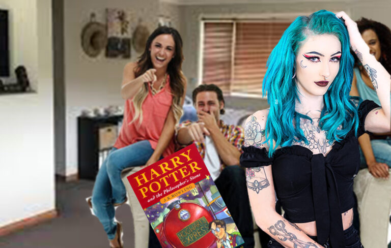 blue haired girl being laughed at with harry potter book nearby