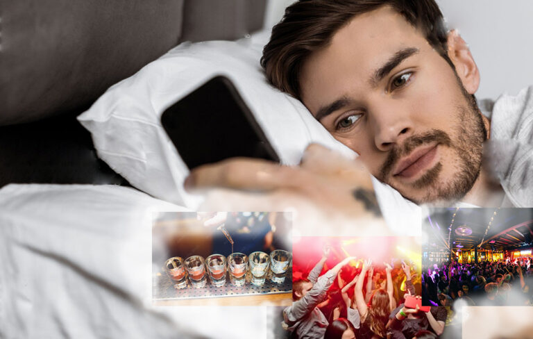 man looking at phone and remembering night out
