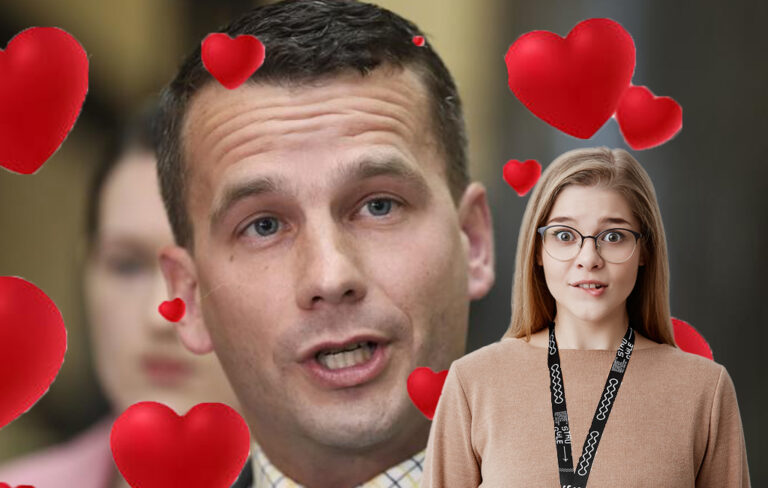 Young female reporter biting her lip with David Seymour in the background surrounded by love hearts