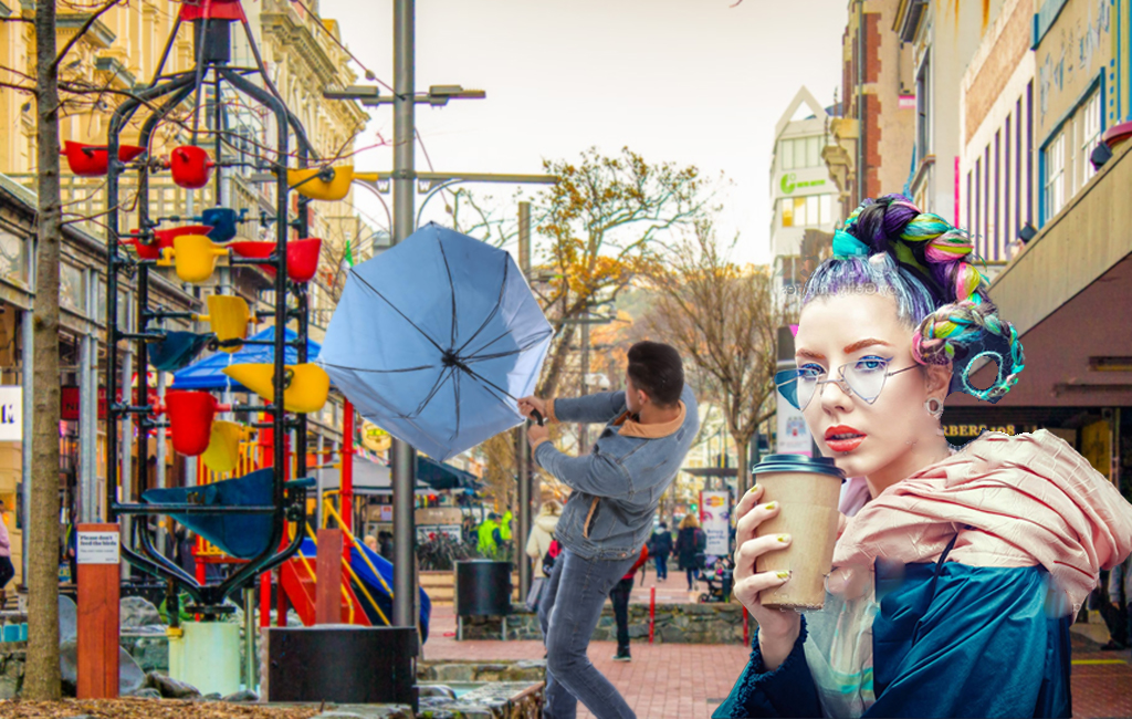Man wrestling with umbrella in the wind as hipster girl smirks