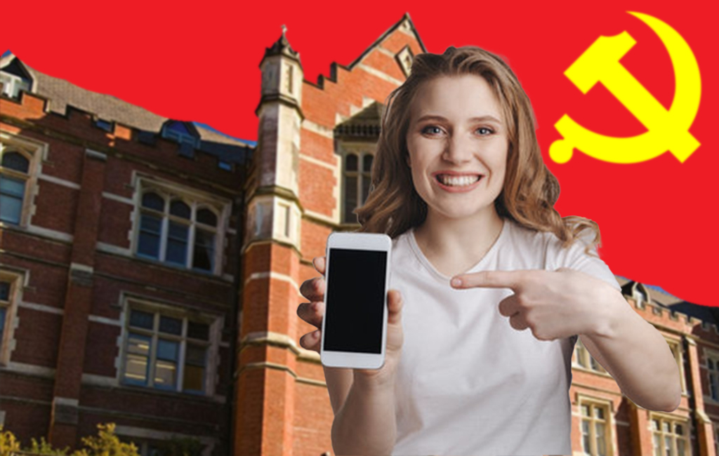 Student with phone at vic uni with communist flag as the sky