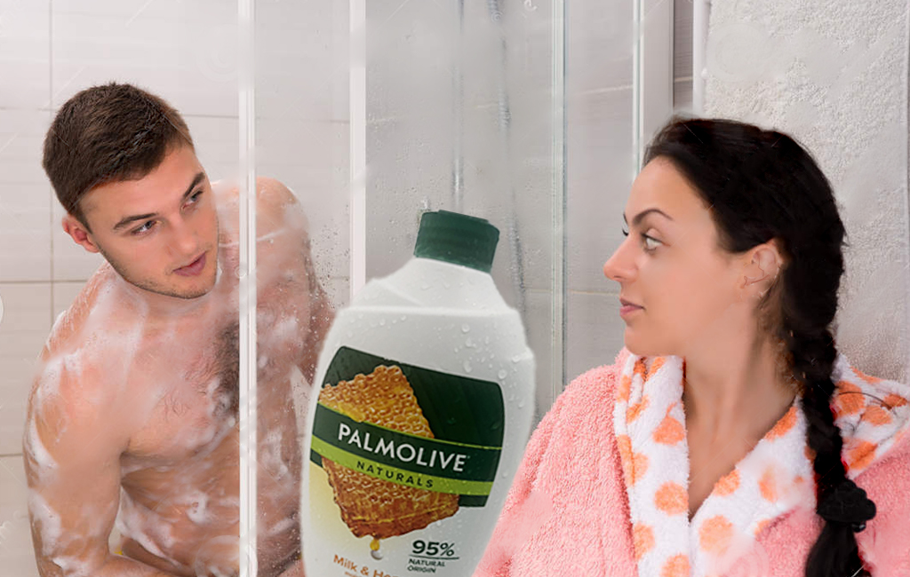 woman judging man in shower for using her bodywash