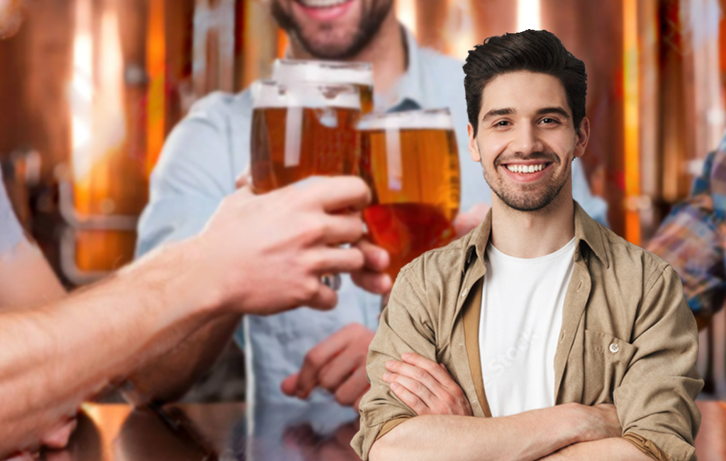 man smiling with beers being clinked in the background
