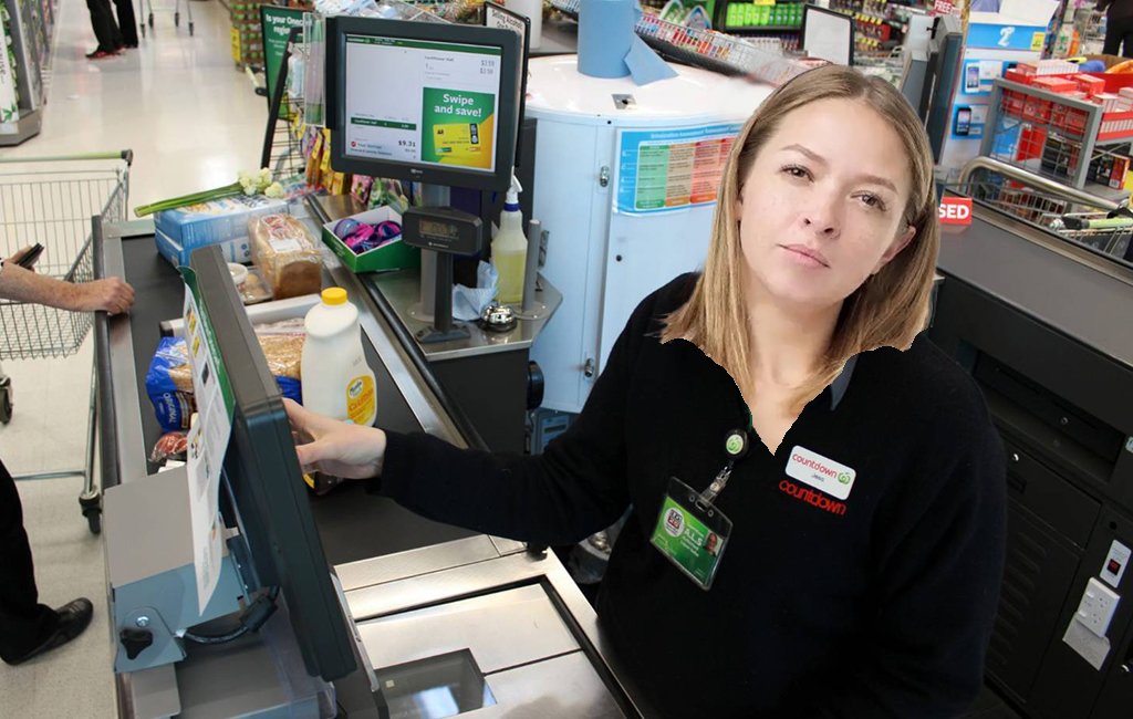annoyed looking checkout operator at Countdown