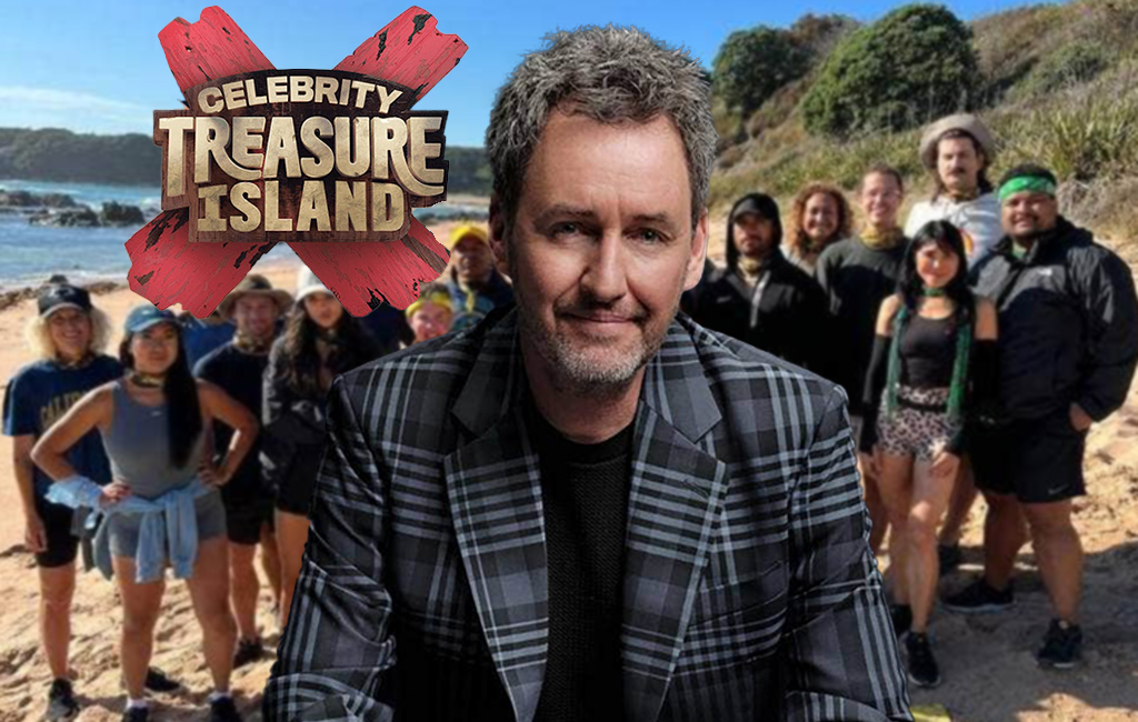 Mike Hosking in front of Celebrity Treasure Island contestants