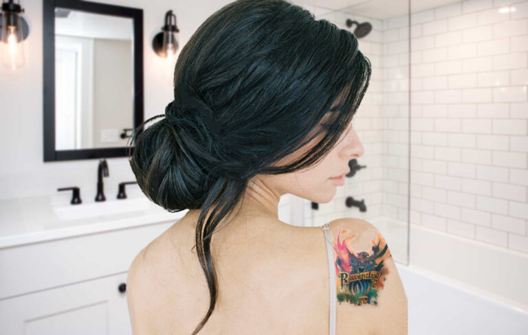 Girl with ravenclaw tattoo on shoulder
