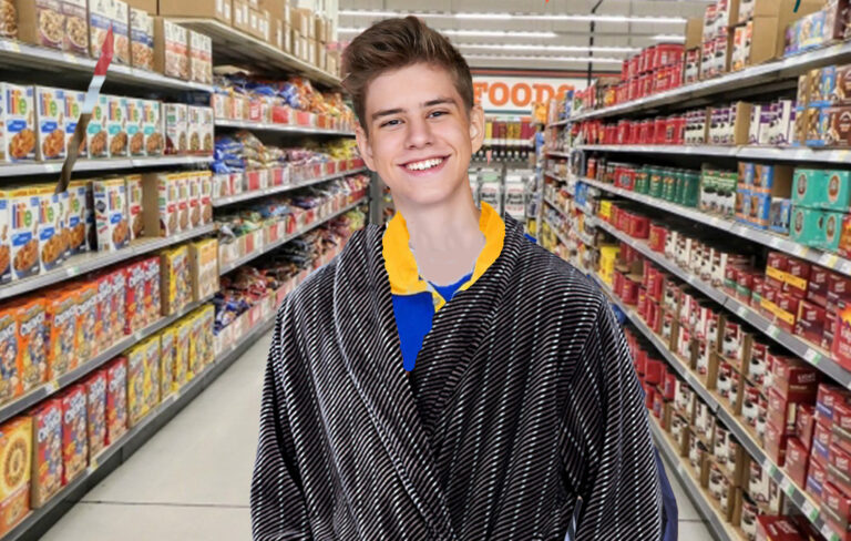 man in dressing gown at supermarket
