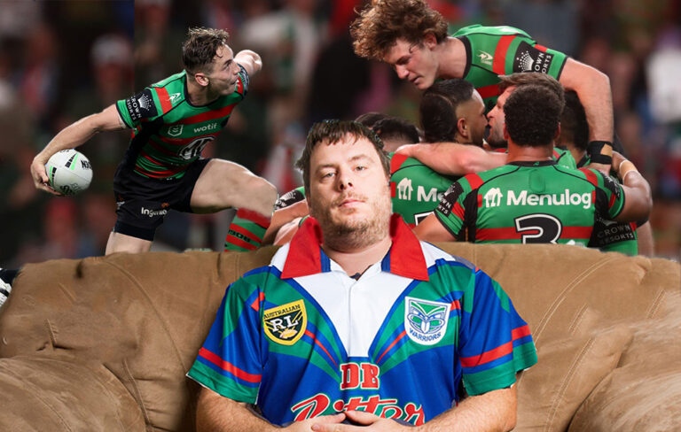 warriors fan on couch with rabbitohs highlights in the background