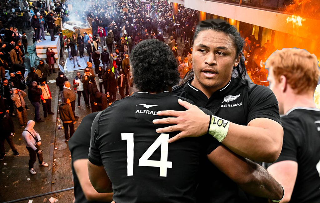 All blacks with fiery riots in the background