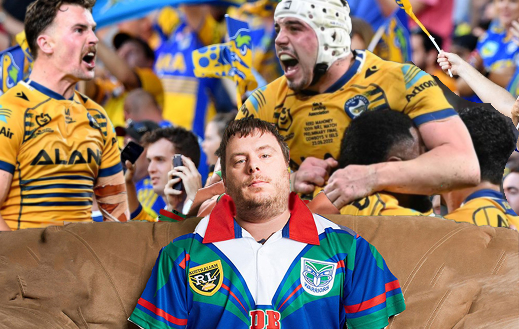 warriors fan on the couch with eels fans in the background