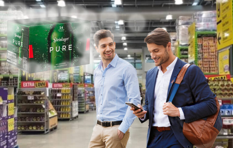 Two men in supermarket thinking about beer