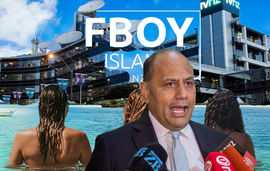 Willie Jackson with FBoy Island branding in the background and TVNZ buildings