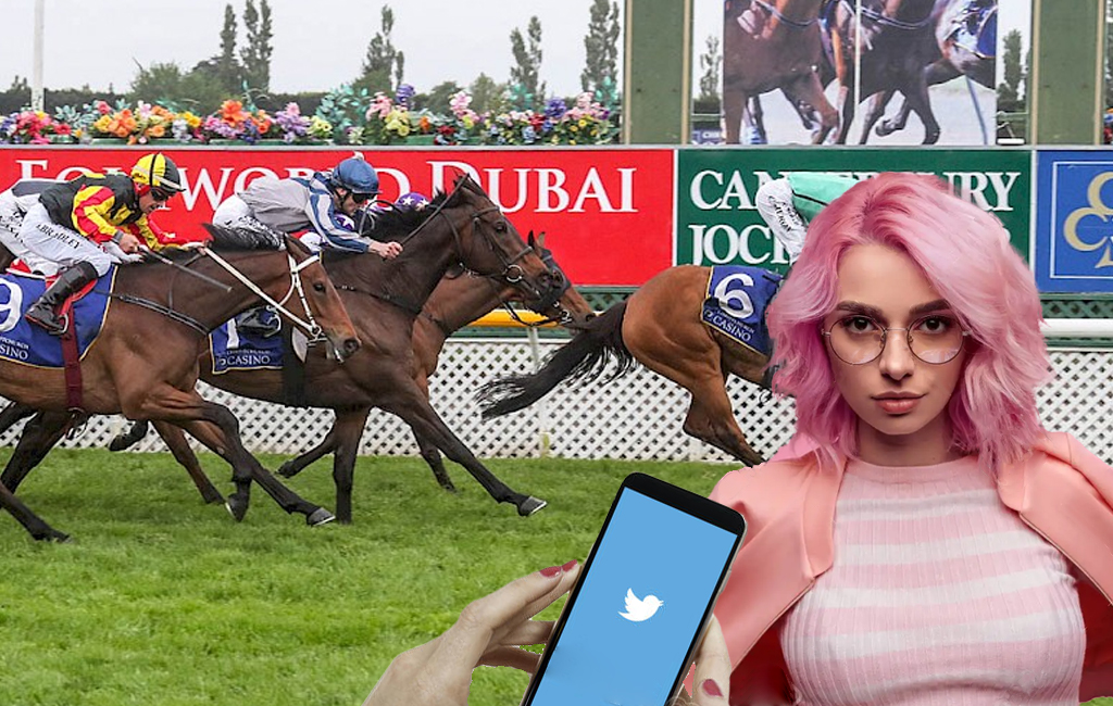 pink haired woman with phone with horse race in background