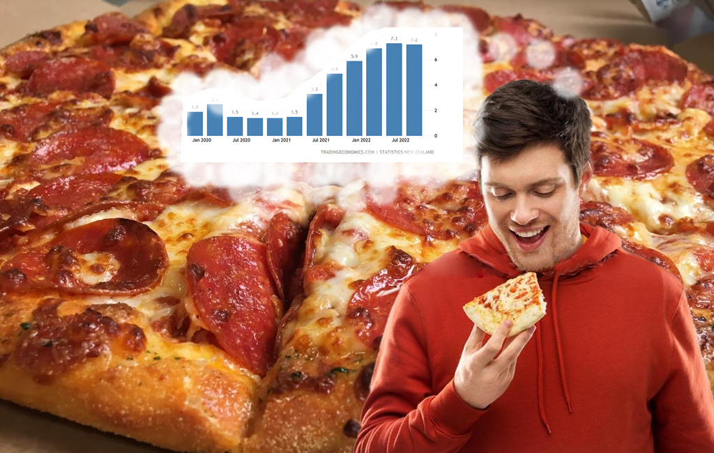 Man thinking about inflation while eating pizza