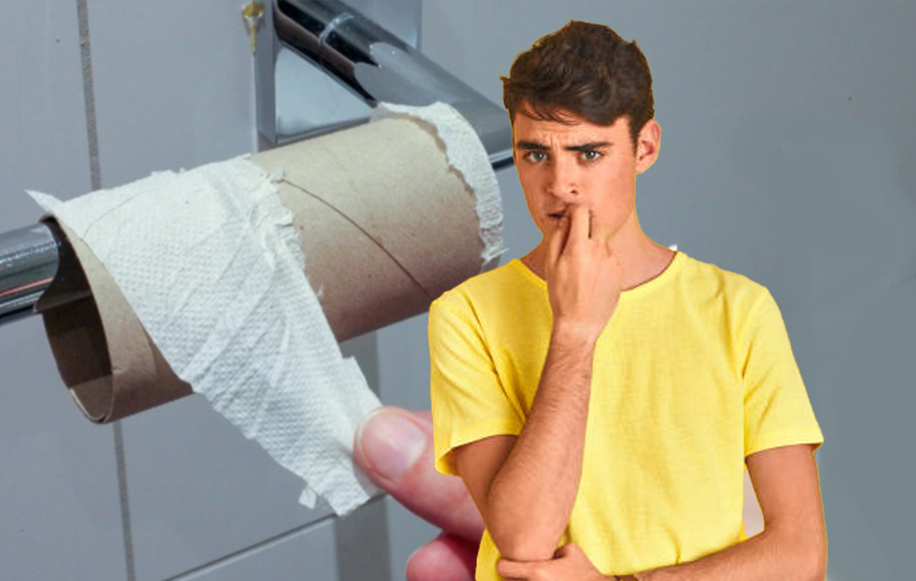 Man thinking about empty toilet roll