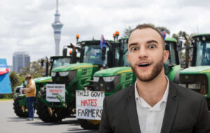 man amazed by green tractors
