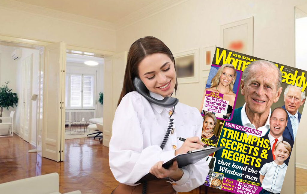 receptionist on the phone in waiting room with copy of woman's weekly