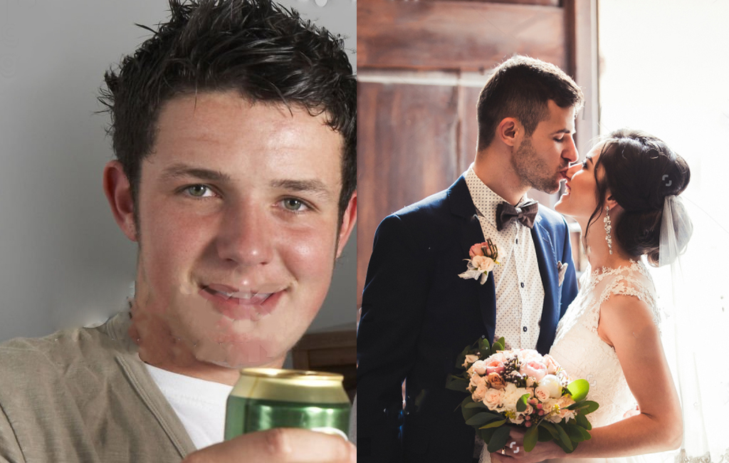 man with beer next to pic of him in wedding photo