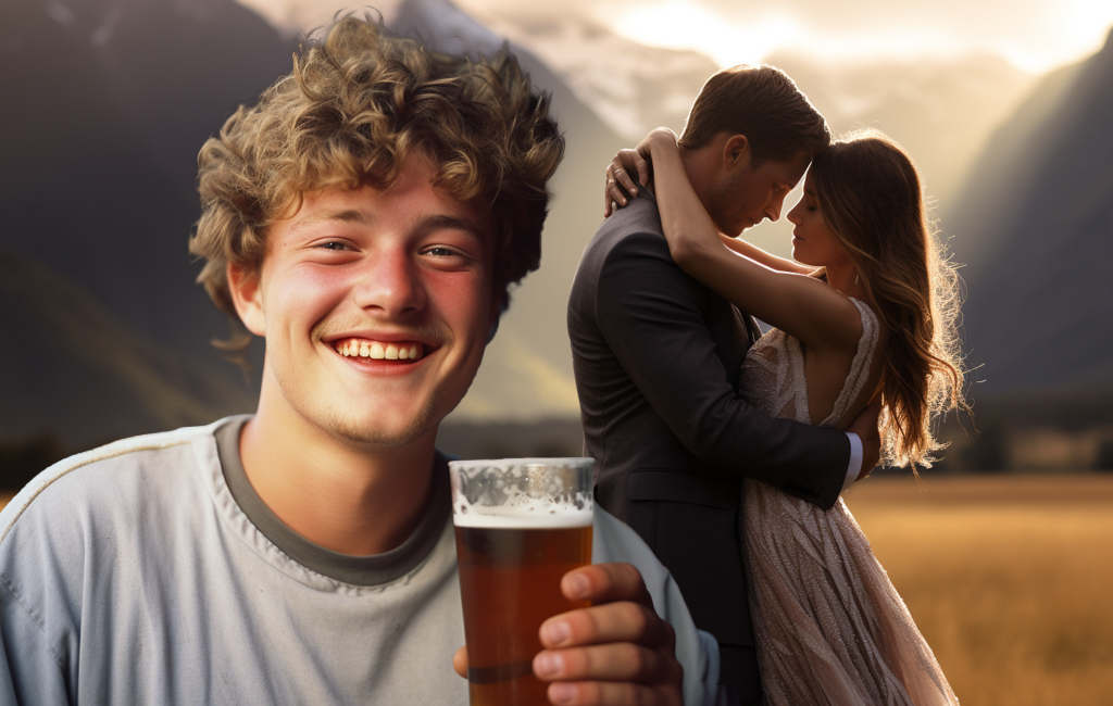 19 year old having beer with wedding photo in background