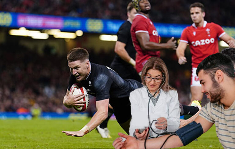 man getting blood pressure tested by female doctor, with Jordie Barrett All Blacks try in the background.