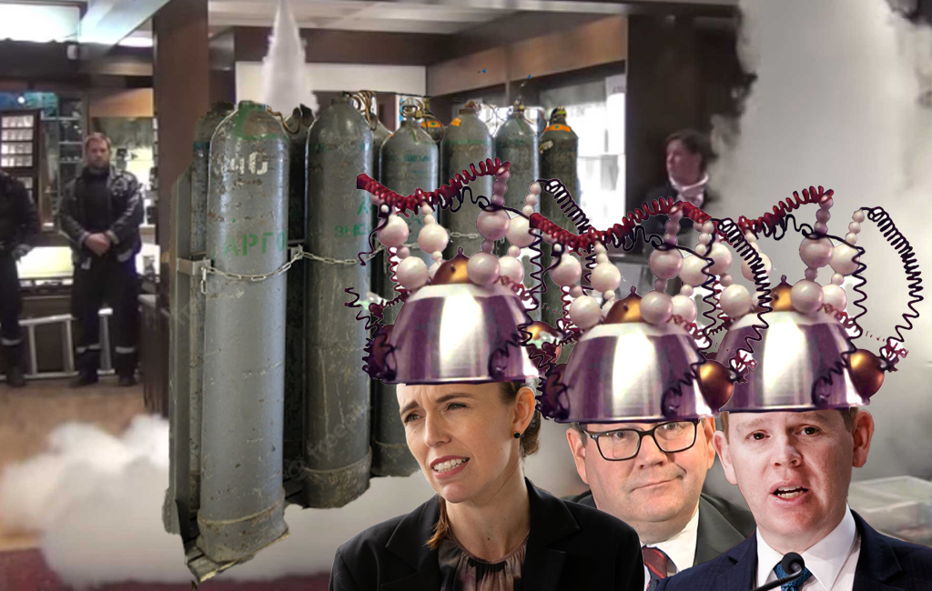 Jacinda Ardern, Grant Robertson and Chris Hipkins with headgear extracting brain fog from their minds.