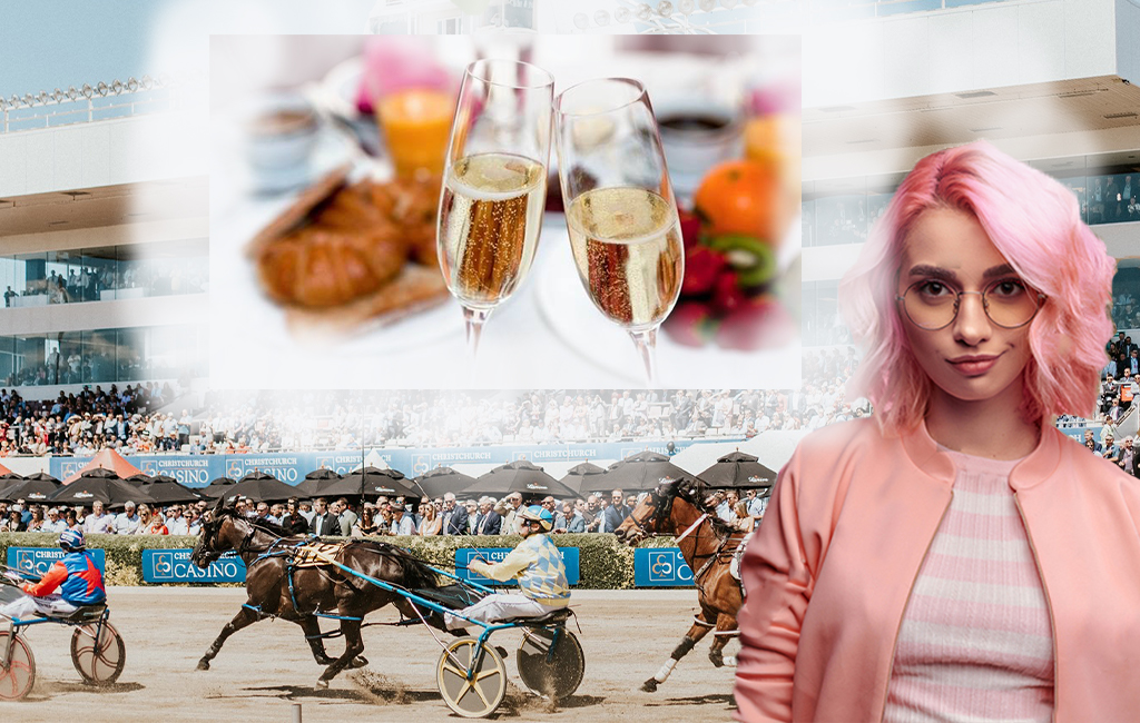 Pink haired woman at races thinking about champagne breakfast