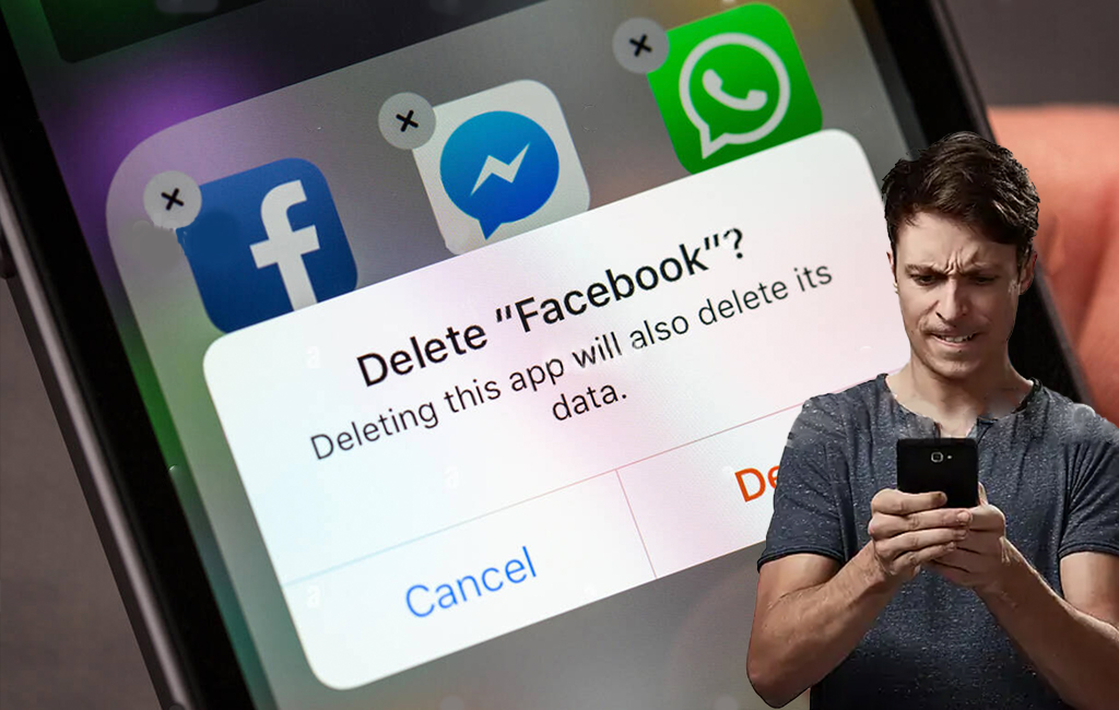 Man deleting facebook app on phone.