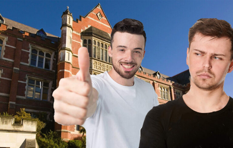 man looking suspiciously at another man who is giving the thumbs up at victoria university.