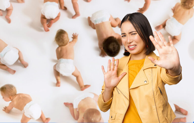 Lesbian woman recoiling at babies crawling