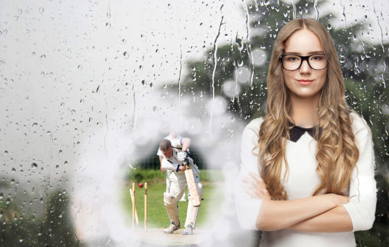 woman with arms folded smirking about the rain as her partner can't play cricket.