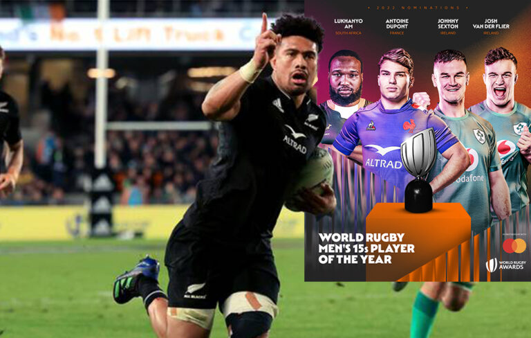 ardie savea scoring try with world player of the year poster in background