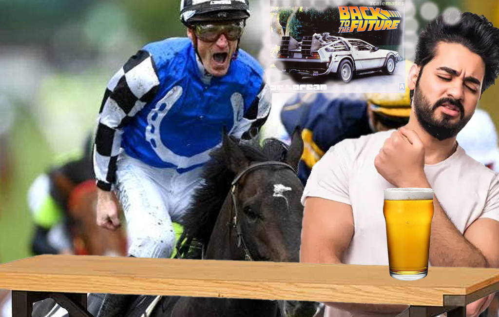 Man wincing with the 2022 Melbourne Cup winner in the background, along with a thought bubble with the Back to the Future movie in it.