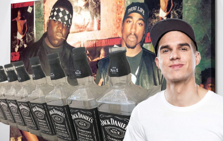 man with tupac poster and jack daniels bottles.