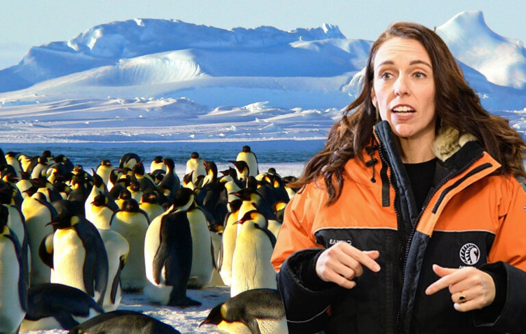 Jacinda Ardern in Antarctica with penguins.